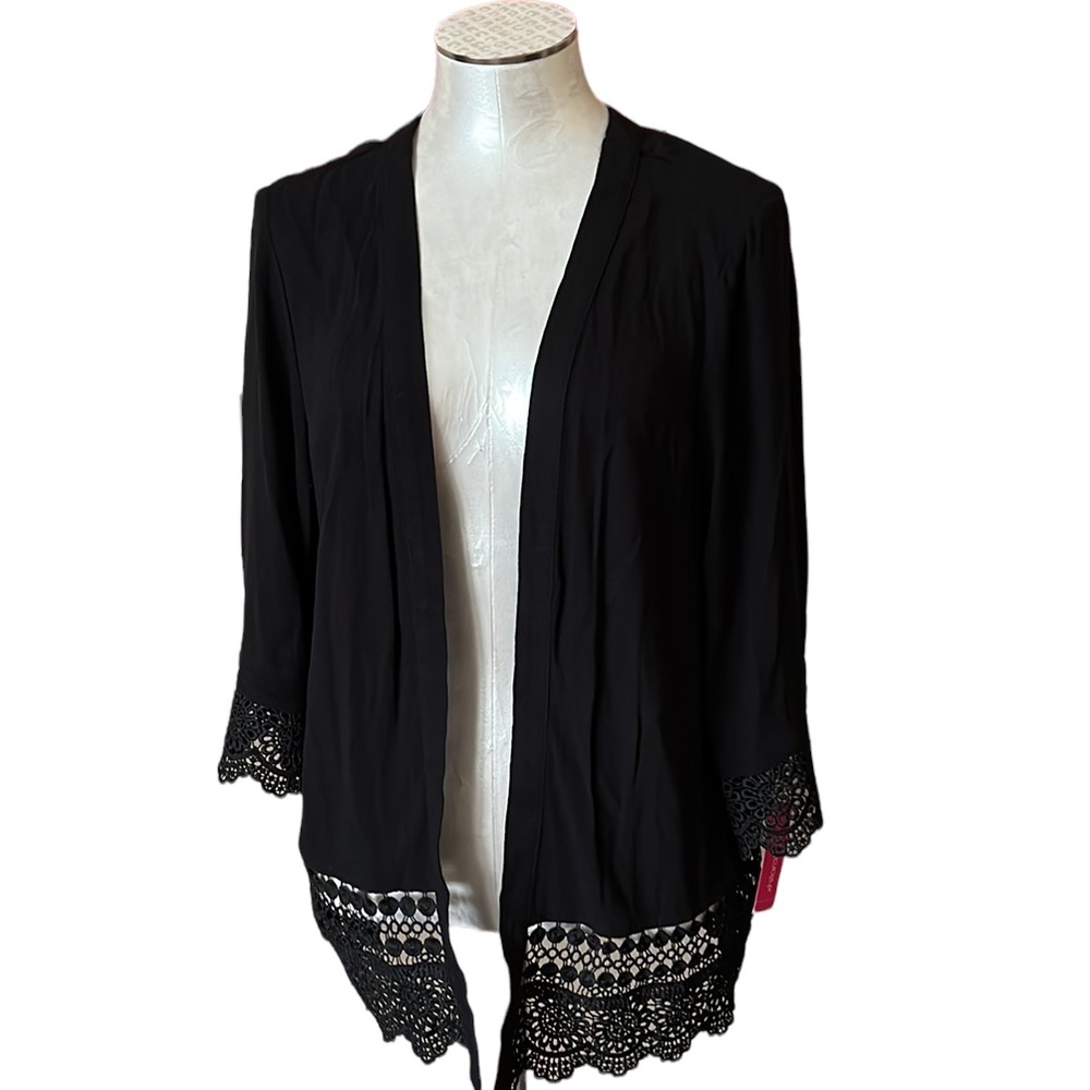 Xhilaration Black Crochet Lace Trim Open Front Kimono Cardigan Jacket Rayon⁠